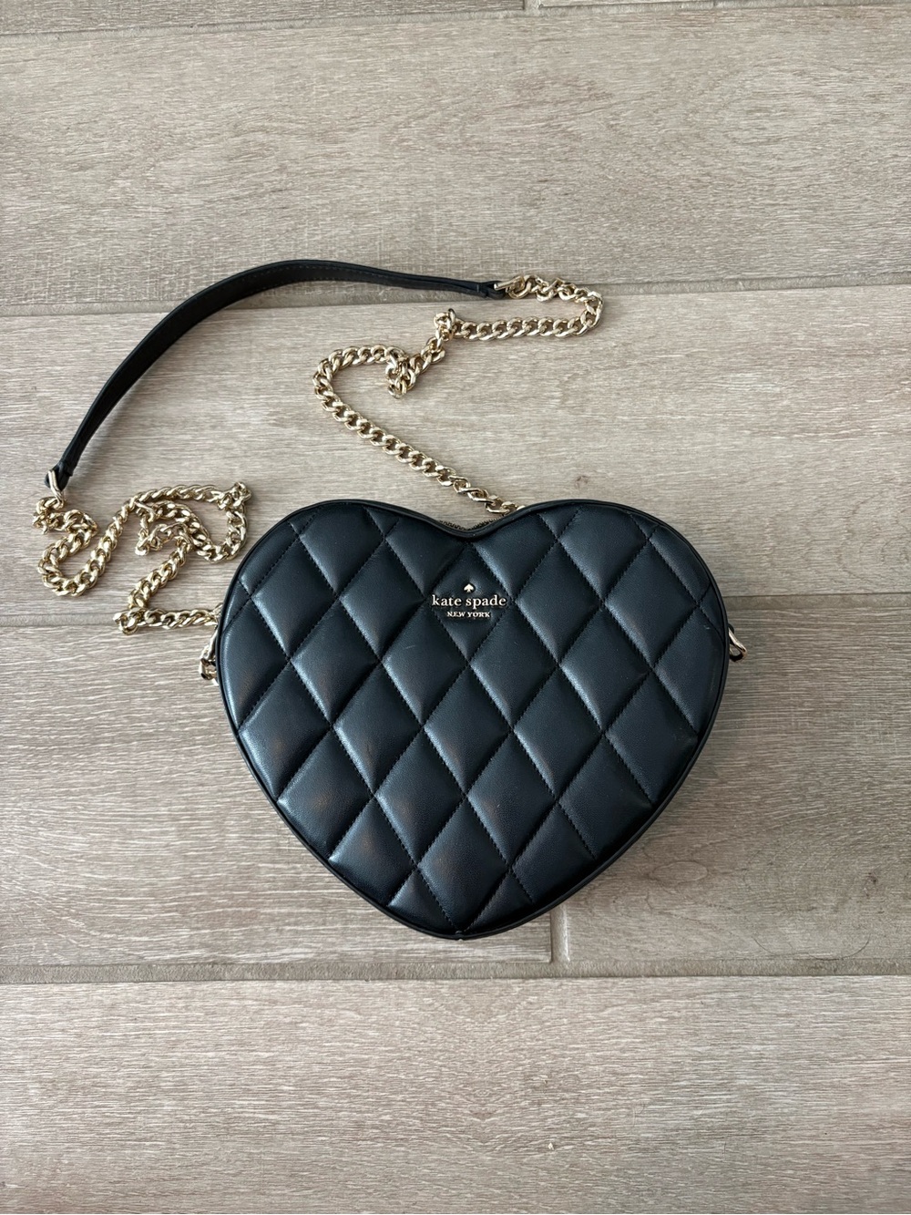 kate spade Black Quilted Heart-Shaped Crossbody with Gold Chain